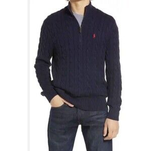 Polo Ralph Lauren Men's Cable Knit Fisherman Pullover Half-Zip Navy Sweater Sz L